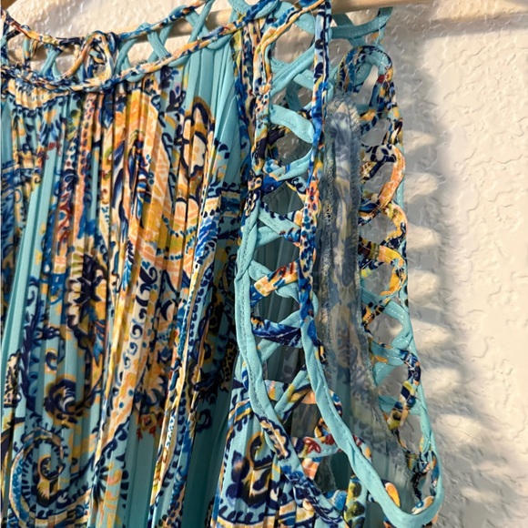 Midnight Velvet Teal Paisley Cold-Shoulder Pleated Blouse - Picture 11 of 16